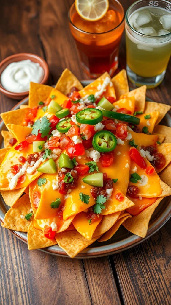 A plate of cheesy quesadilla nachos with tortilla chips, melted cheese, salsa, and jalapeños.